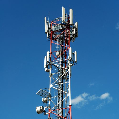 Cell tower structure against the sky.